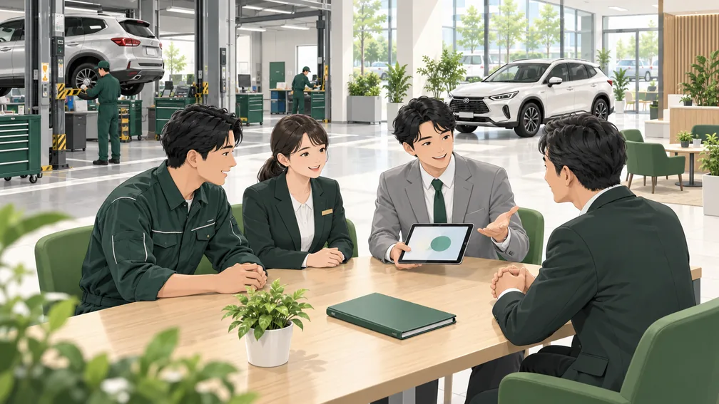 整備士と営業担当者をディーラーへ紹介する、Lymo Agentのイラスト
